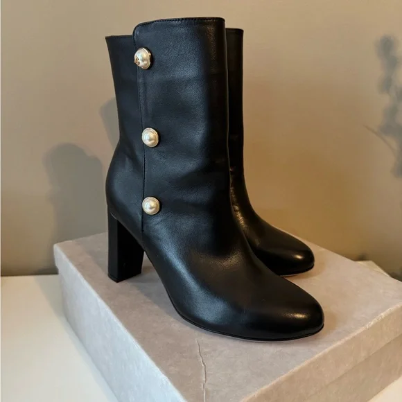Jimmy Choo Elegant Black Leather Women's Boots with Pearl Accents, Size 38 - Picture 2 of 4